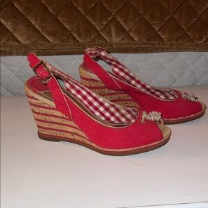 Sperry Red Wedge Sandals with Gingham Accent